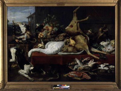 Stilleben av vilt, fisk, frukt och grönsaker (olja på duk) av Frans Snyders
