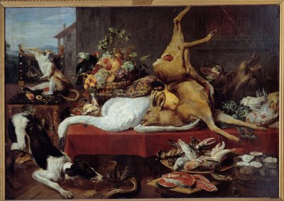 Stilleben med rådjur Vilt (fasan, gås, rådjur), skiva fisk, krabba, baljväxter. målning av Frans Snyders (1579-1657) av Frans Snyders