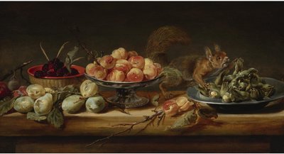 Stilleben med persikor i en Tazza, hasselnötter på en tennplatta, hallon i en korg, med päron och en ekorre på ett bord
olja på pannå av Frans Snyders