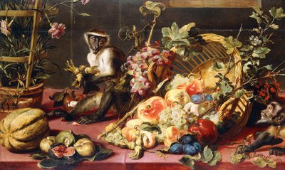 En utspilld fruktkorg på ett draperat bord med apor, av Frans Snyders or Snijders