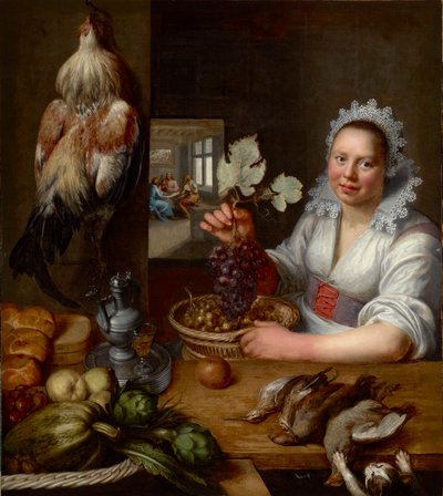 Scene de cuisine avec scene du Christ a Emmaus - Köksscen med Kristus i Emmaus, av Snyders (Snijders), Frans (1579-1657). Olja på duk, Mellan 1615 och 1620. Mått : 114,5x102 cm. Muzeul National Brukenthal, Sibiu av Frans Snyders or Snijders