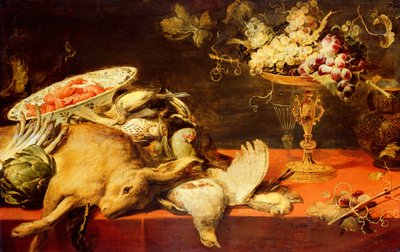 Stilleben med djur och frukt (olja på ekpanel) av Frans Snyders or Snijders