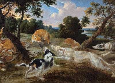 En räv i viken omgiven av hundar av Frans and Wildens Jan Snyders