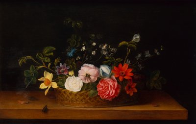 Blommor i en korg med insekter på en avsats (olja) av Frans Ykens