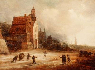 Soldater som spelar käglor på en väg, Breda bortom av Frans de Momper
