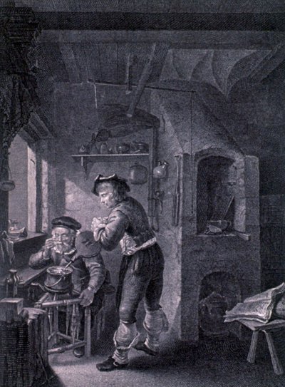 Ett 1600-talslaboratorium av Frans van (after) Mieris