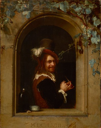 Man with a pipe at a window - Man with a pipe at a window, av Mieris, Frans van Mieris de Oudere eller den äldre (1635-1681). Olja på trä, ca 1658. Storlek: 20x15,5 cm. Brukenthal Nationalmuseum, Sibiu av Frans van Mieris