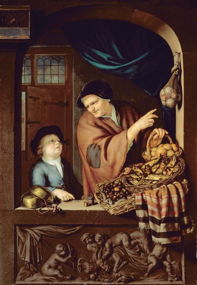 The Chesnut and Kipper Seller, 1722 (olja på ek) av Frans van Mieris