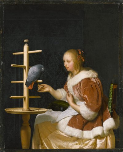 Ung kvinna som matar en papegoja, 1663. av Frans van Mieris the Elder