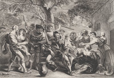 Don Quijote och trupperna från La Santa Hermandad utanför en taverna, ca. 1635-79. av Frans van den Wyngaerde