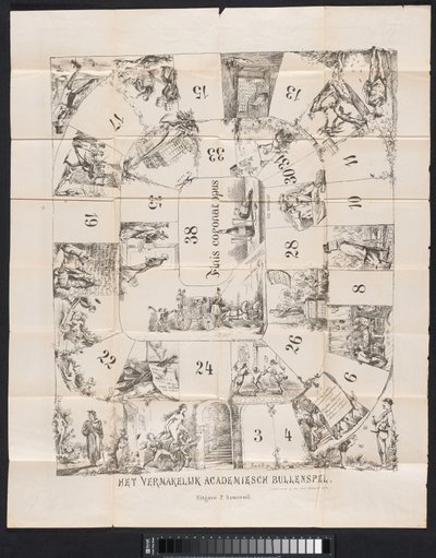 Tecknad i Leiden studentalmanacka, 1874 Det underhållande akademiska översittningsspelet (titel på objekt) av Fransen van de Putte