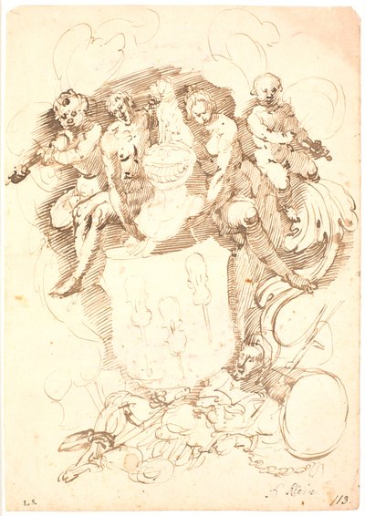 Heraldisk komposition: vapensköld med tre uppåtvända fioler, hundkrönt hjälm, omgiven av två figurer och två violinspelande putti, det hela vilar på liggande mansfigur (Neptunus?) av Frantz Cleyn