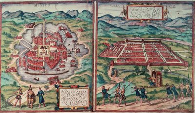 Planer över Mexico City, Mexiko och Cusco City, Peru, från Carl Nebels "Voyage Pittoresque" (färgad gravyr) (se 141102) av Franz (after) Hogenberg