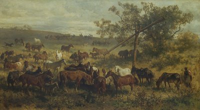 Hästar vid ett tråg, 1800-talet av Franz Adam