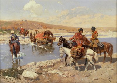 Crossing the River (olja på duk) av Franz Alekseevich Roubaud
