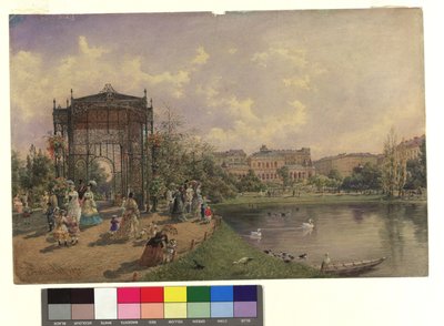 I stadsparken. Detaljbild med järnpaviljongen (till vänster) och Kursalon (i bakgrunden) av Franz Alt