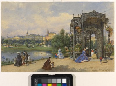 Stadspark med järnpaviljong och utsikt över staden av Franz Alt