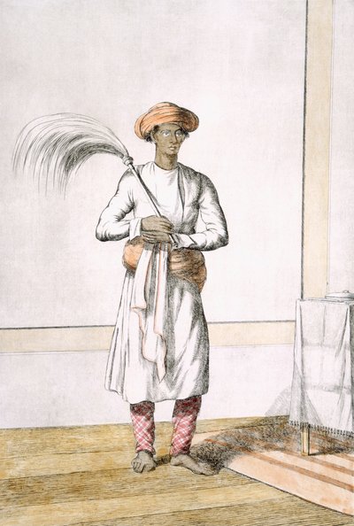 Whisk bärare, från "The Hindus, or the Description of their Manners, Costumes and Ceremonies", ca 1808-12 (färgad etsning) av Franz Balthazar Solvyns