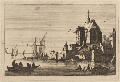 Kyrka i en inlopp med roddbåt i förgrunden av Franz Edmund Weirotter