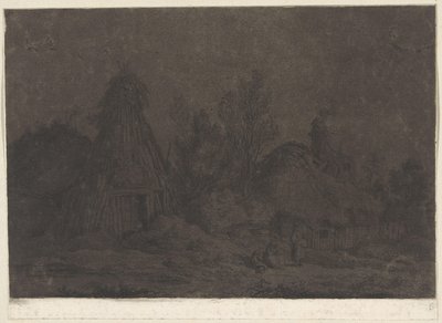 Månskensscen med figurer framför en koja XII Vues de la Normandie (serietitel) av Franz Edmund Weirotter
