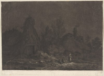 Månskensscen med figurer framför en koja XII Vues de la Normandie (serietitel) av Franz Edmund Weirotter