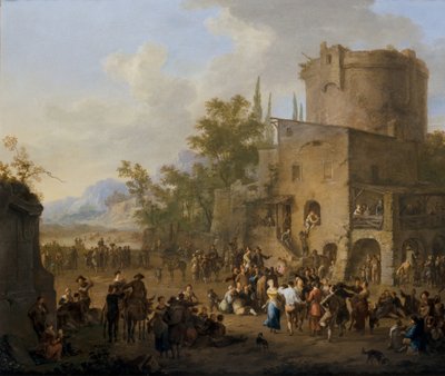 En italiensk stadsvy med figurer som dansar Saltarello av Franz Ferg