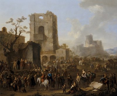 En italiensk stadsvy med figurer som dansar Saltarello av Franz Ferg