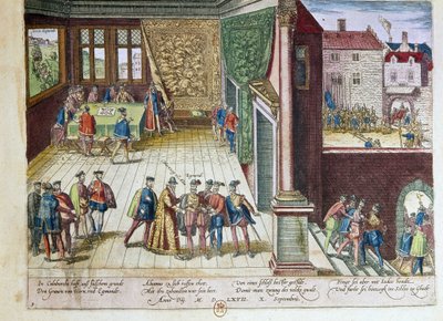 Arrestering av Lamoral, greve av Egmont (1522-1568) och Philippe de Montmorency (1524-1568), greve av Hornes (Hoorn) för deras ställning mot kung Filip II av Spanien (1527-1598). De kommer att utföras 1568 (överst till höger) 1653 Tryck av F av Franz Hogenberg