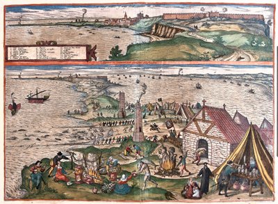 Cadiz, Spanien.(Övre: kapellet St Sebastian, nedre: Cadiz tonfiskindustri. I mitten, vakttornen (gravyr av Franz Hogenberg
