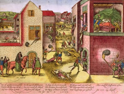 Amiral Gaspard II de Colignys (1519-72) död vid tiden för St. Bartolomeus-massakern 1572 (se 158612 för bw) av Franz Hogenberg