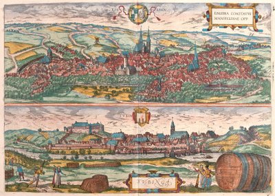 Eisleben och Tubingen, Tyskland (gravyr av Franz Hogenberg