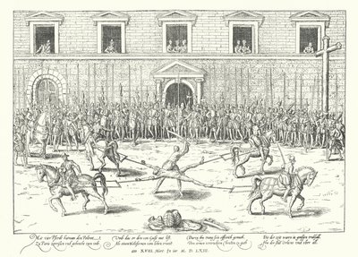 Avrättning av Jean de Poltrot för mordet på Franciskus, hertig av Guise, Paris, 1563 av Franz Hogenberg