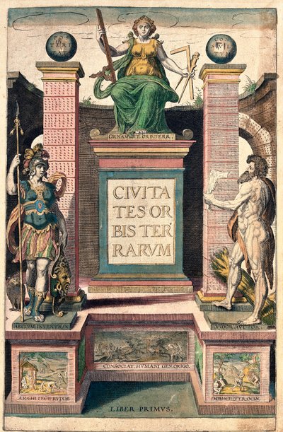 Frontispice av den första volymen: allegory of geography, en kvinna som håller comppas, square och rulle, trunkering ovanför en kvinnlig soldat och en naken man (etsning av Franz Hogenberg