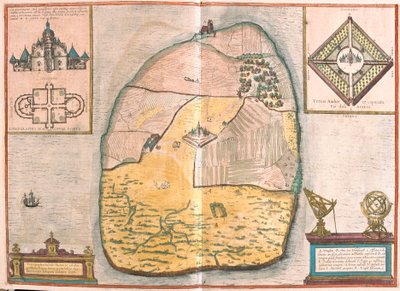 Isle of Ven och Uranienborg, Tycho Brahes palats och observatorium som ligger på denna ö, i Sund (gravyr av Franz Hogenberg