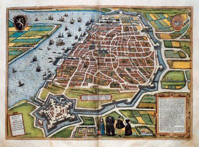 Karta över Antwerpen, från "Cities of the World" (färgad gravyr) av Franz Hogenberg