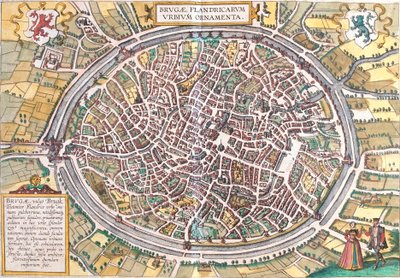 Karta över Brygge (Brugae), Belgien (etsning av Franz Hogenberg
