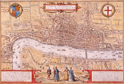 Karta över London City, Southwark och en del av Westminster, 1572 av Franz Hogenberg