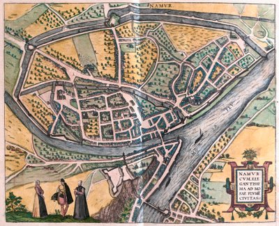 Namur och floden Meuse, Belgien (gravyr av Franz Hogenberg