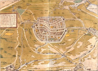 Plan över Leiden (Leyden), Nederländerna (etsning av Franz Hogenberg