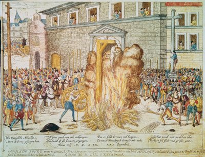 Religiöst krig: avrättning av den franska protestantiska magistraten Anne du Bourg (1521-1559) den 23/12/1559 på Place de Greve i Paris” av Franz Hogenberg
