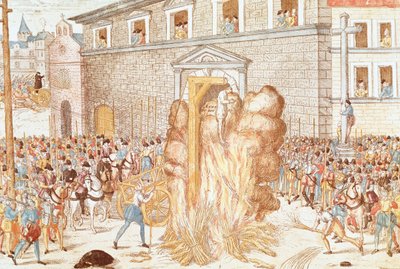 Avrättningen av magistraten Anne du Bourg dömd till hängning för att följas av bränning av liket, 23 december av Franz Hogenberg