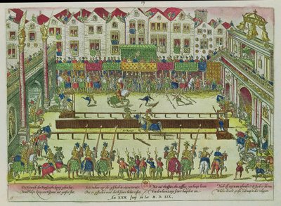 Turnering under vilken Henri II (1519-59) skadades av greven av Montgomery och dog tio dagar senare, 30 juni 1559 av Franz Hogenberg