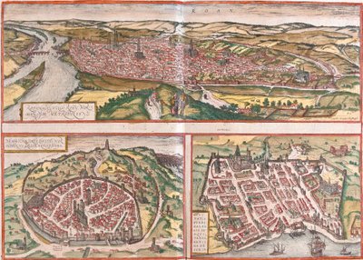 Utsikt över Rouen (Rotomagus), Nimes (Nemausus) och Bordeaux (Burdigala), Frankrike (etsning). av Franz Hogenberg