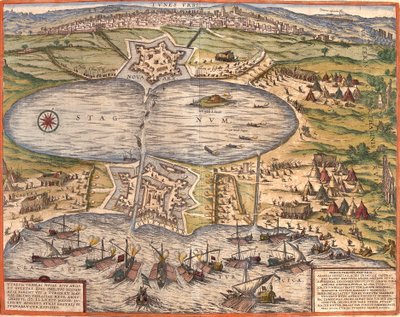 Utsikt över Tunis (Tunes), Tunisien, med fästningen Goulette (Guleta Arx) som kontrollerar tillgången till sjön Tunis och den nya fästningen (nova arx) framför stadsmuren (etsning av Franz Hogenberg