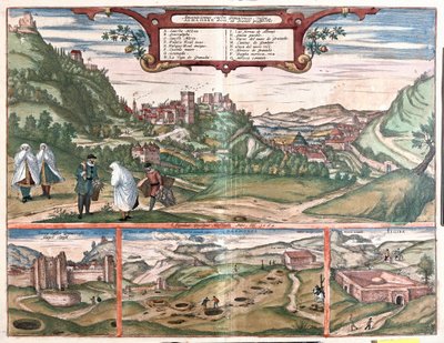 Vy över Alhambra med staden Granada, Spanien: på toppen en vy över Alhambra på Cerro del Sol Hill. Vyn längst ner till vänster visar de stängda dörrarna till Alhambra. I mitten finns Masmoros-grottornas mynningar. Den stora strukturen längst ner till höger av Franz Hogenberg