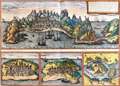 Utsikt över Aden (Jemen), Mombasa (Mombaza) (Kenya), Kilwa Kisiwani (Quiloa) (Tanzania) och Cefala Diana (Cefala) (Sicilien, Italien) (etsning av Franz Hogenberg