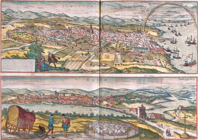 Utsikt över Barcelona och Ecija (Eciia), Spanien (etsning av Franz Hogenberg