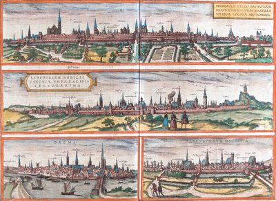 Utsikt över Brunswick (Brusvicum), Lüneburg (Loneburgum), Breme (Brema) och Oldenburg (Aldenburgum), Tyskland (etsning av Franz Hogenberg