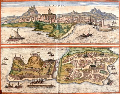 Utsikt över Candia (Candia), nuvarande Heraklion på ön Kreta och Korfu eller Corcyra (Corphu), grekisk ö (etsning av Franz Hogenberg