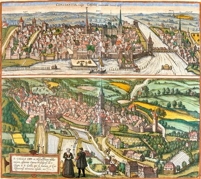 Utsikt över Constance (Contantia), Tyskland och St. Galli (S. Galli), Schweiz (etsning av Franz Hogenberg